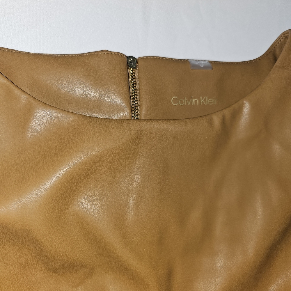 Calvin Klein Faux Leather Belted Sheath Dress NWT Luggage Brown - Picture 4 of 16